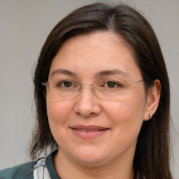 Joyful white adult female with medium  brown hair and grey eyes