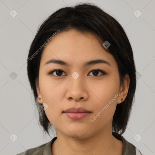 Neutral asian young-adult female with medium  brown hair and brown eyes