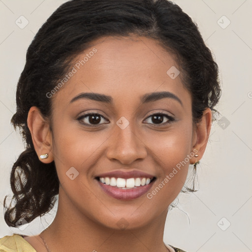 Joyful latino young-adult female with long  brown hair and brown eyes