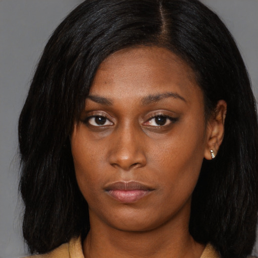 Neutral asian young-adult female with long  black hair and brown eyes