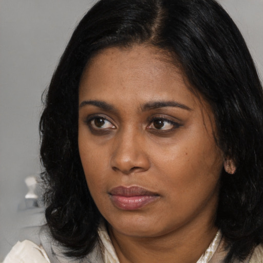 Neutral asian young-adult female with medium  black hair and brown eyes