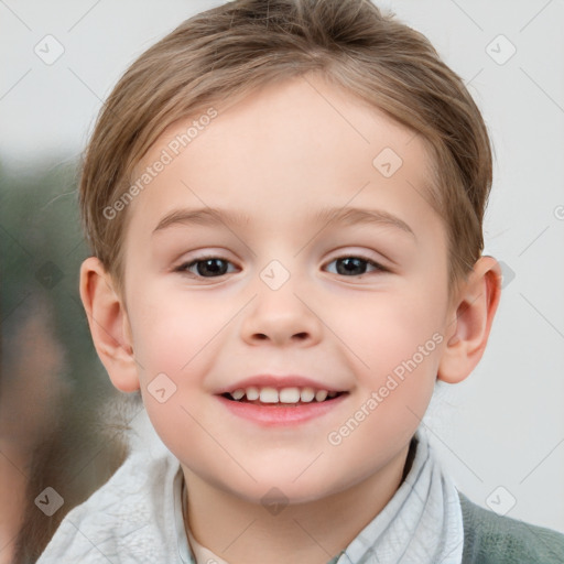 Joyful white child female with short  brown hair and brown eyes