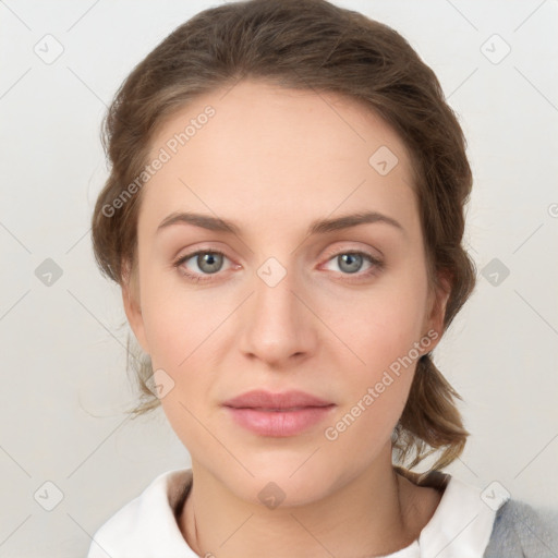 Neutral white young-adult female with medium  brown hair and grey eyes