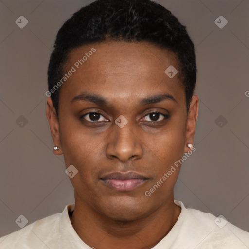 Neutral black young-adult male with short  black hair and brown eyes
