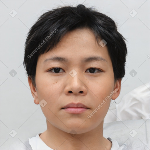 Neutral asian young-adult female with short  brown hair and brown eyes