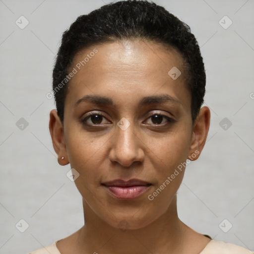 Joyful white young-adult female with short  brown hair and brown eyes