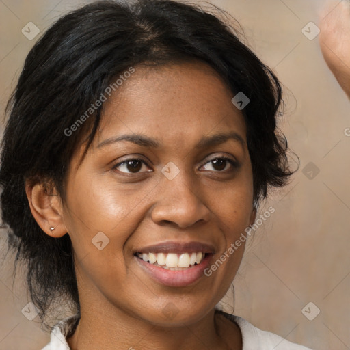 Joyful black young-adult female with medium  brown hair and brown eyes