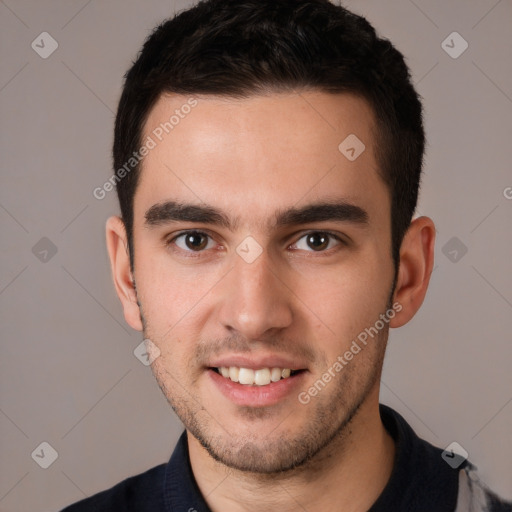 Joyful white young-adult male with short  brown hair and brown eyes