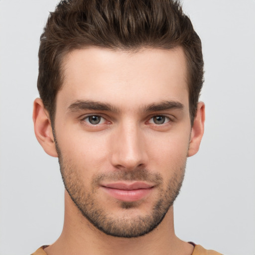 Neutral white young-adult male with short  brown hair and brown eyes