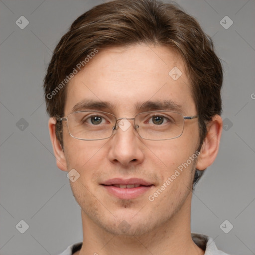 Joyful white adult male with short  brown hair and grey eyes