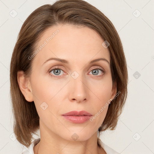 Neutral white young-adult female with medium  brown hair and blue eyes