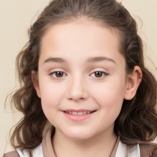 Joyful white child female with medium  brown hair and brown eyes