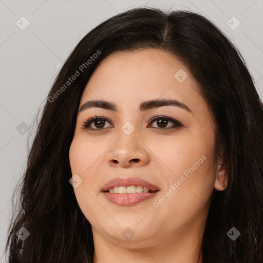 Joyful asian young-adult female with long  brown hair and brown eyes