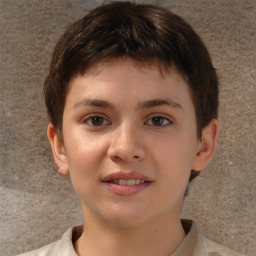 Joyful white child female with short  brown hair and brown eyes