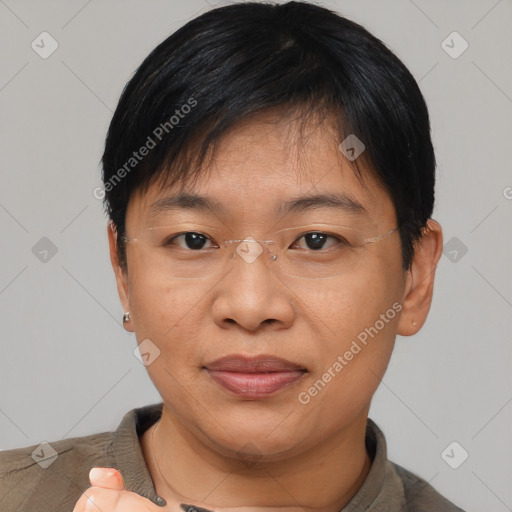 Joyful asian adult female with short  black hair and brown eyes