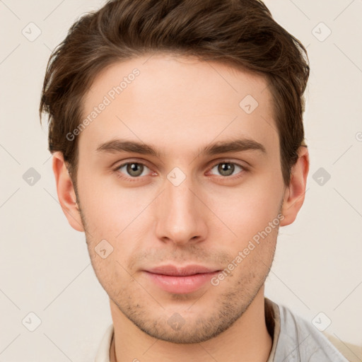 Neutral white young-adult male with short  brown hair and grey eyes