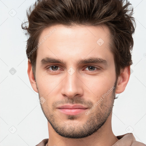 Neutral white young-adult male with short  brown hair and brown eyes