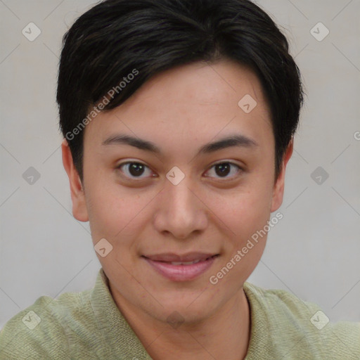 Joyful white young-adult female with short  brown hair and brown eyes