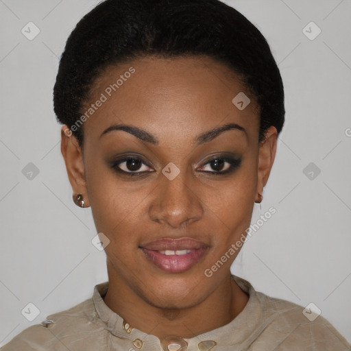 Joyful latino young-adult female with short  black hair and brown eyes