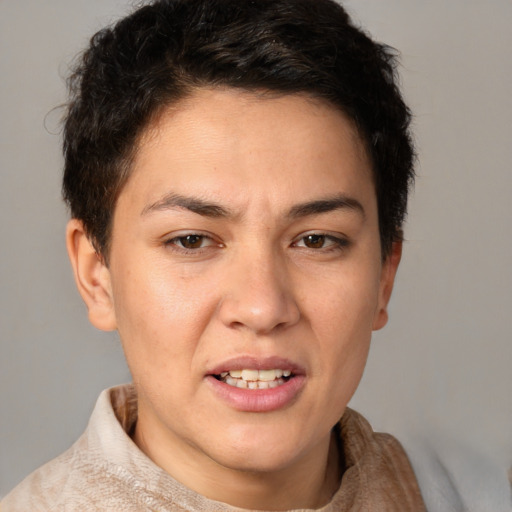 Joyful white young-adult female with short  brown hair and brown eyes