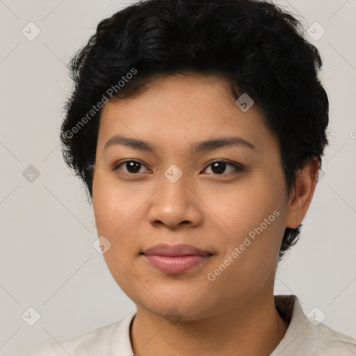 Joyful asian young-adult female with short  black hair and brown eyes