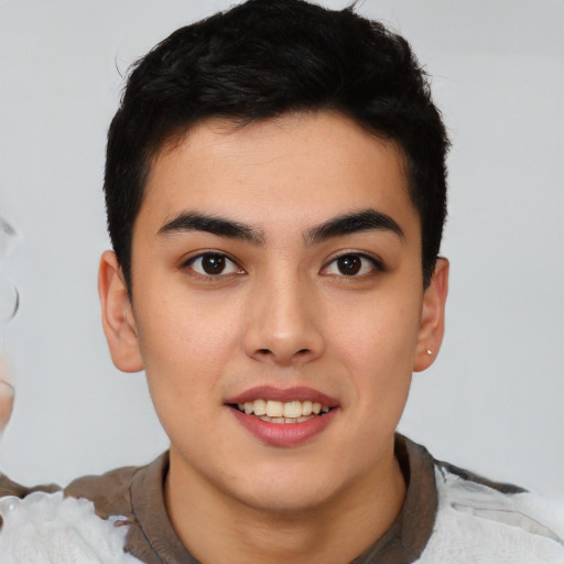 Joyful asian young-adult male with short  brown hair and brown eyes