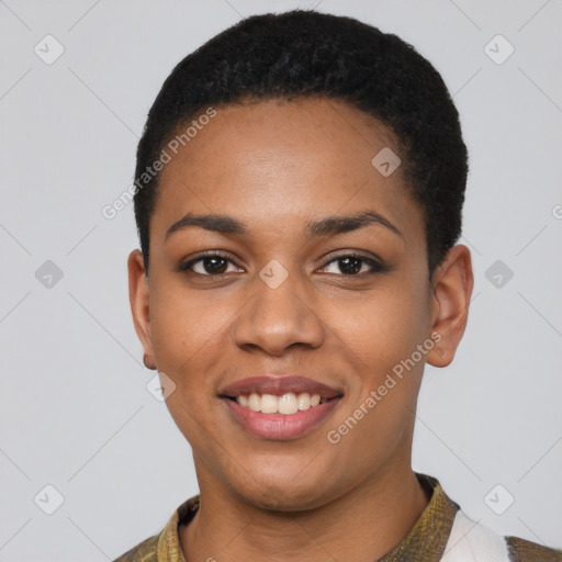 Joyful latino young-adult female with short  black hair and brown eyes