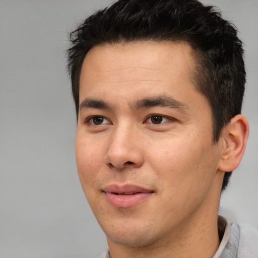 Joyful asian young-adult male with short  brown hair and brown eyes