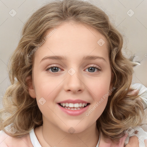 Joyful white child female with medium  brown hair and blue eyes