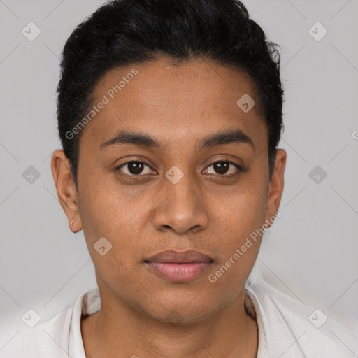 Neutral latino young-adult male with short  black hair and brown eyes