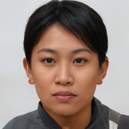 Neutral asian young-adult female with short  brown hair and brown eyes