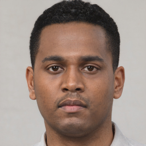 Neutral black young-adult male with short  black hair and brown eyes