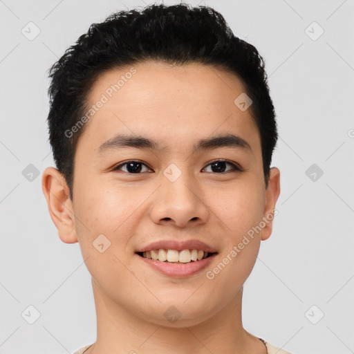 Joyful asian young-adult male with short  black hair and brown eyes