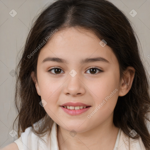 Joyful white child female with medium  brown hair and brown eyes