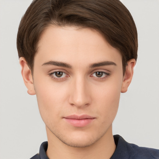 Neutral white young-adult male with short  brown hair and brown eyes