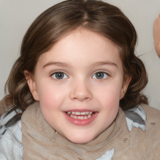 Joyful white child female with medium  brown hair and blue eyes