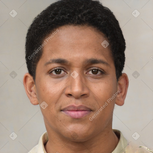 Joyful black young-adult female with short  brown hair and brown eyes
