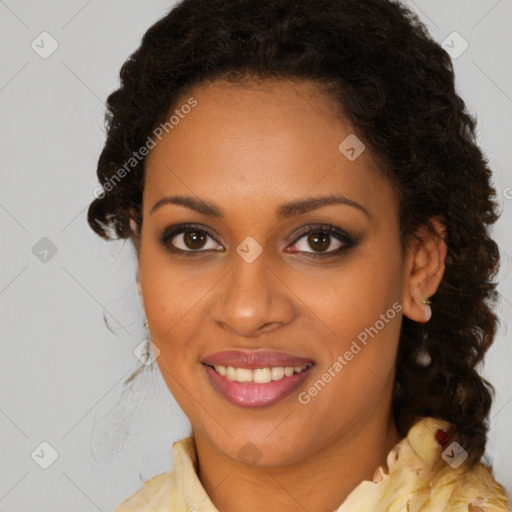 Joyful black young-adult female with medium  brown hair and brown eyes