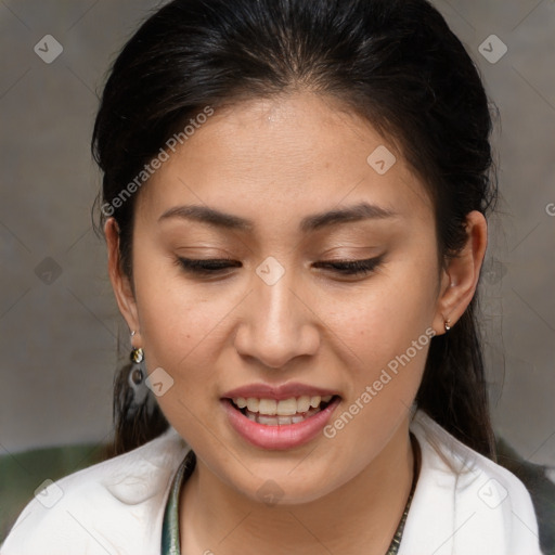 Joyful white young-adult female with medium  brown hair and brown eyes