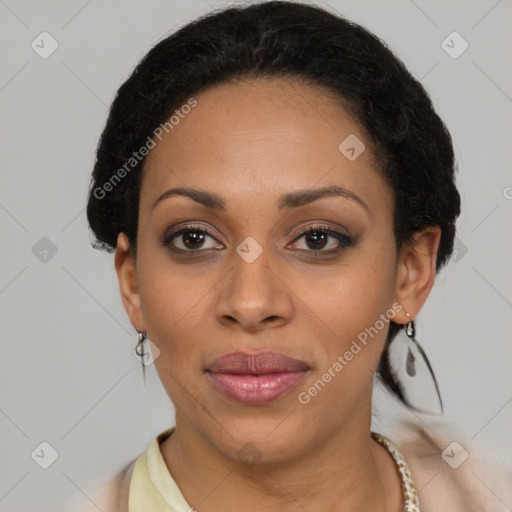 Joyful latino adult female with short  brown hair and brown eyes