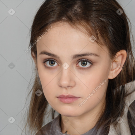 Neutral white young-adult female with medium  brown hair and brown eyes