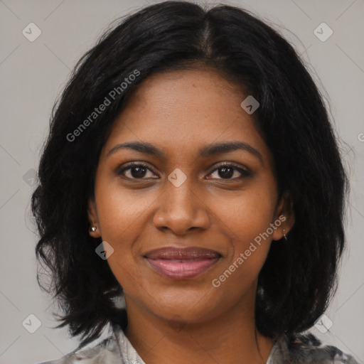 Joyful black young-adult female with medium  black hair and brown eyes