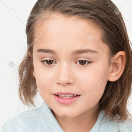 Joyful white child female with medium  brown hair and brown eyes