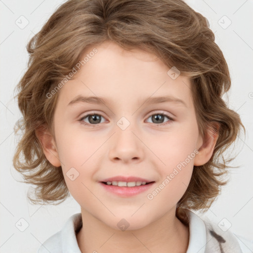 Joyful white child female with medium  brown hair and brown eyes