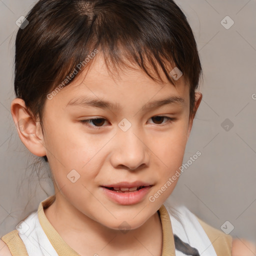 Joyful white child male with medium  brown hair and brown eyes