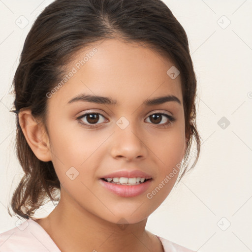 Joyful white child female with medium  brown hair and brown eyes