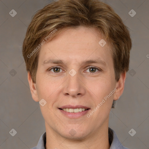 Joyful white adult male with short  brown hair and grey eyes