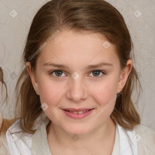 Joyful white child female with medium  brown hair and brown eyes