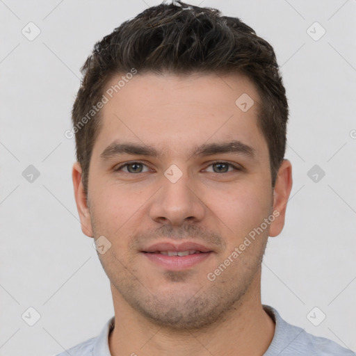 Neutral white young-adult male with short  brown hair and brown eyes