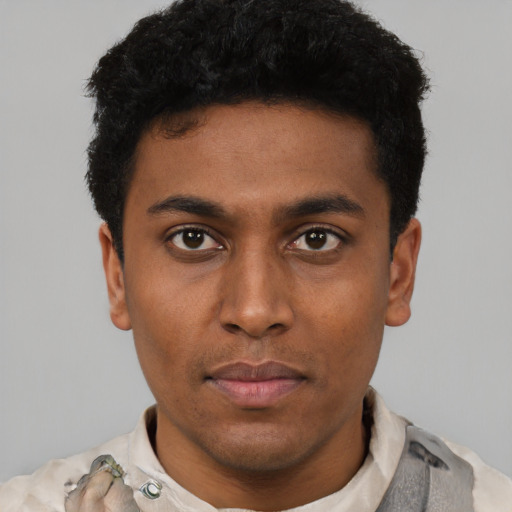 Neutral latino young-adult male with short  black hair and brown eyes